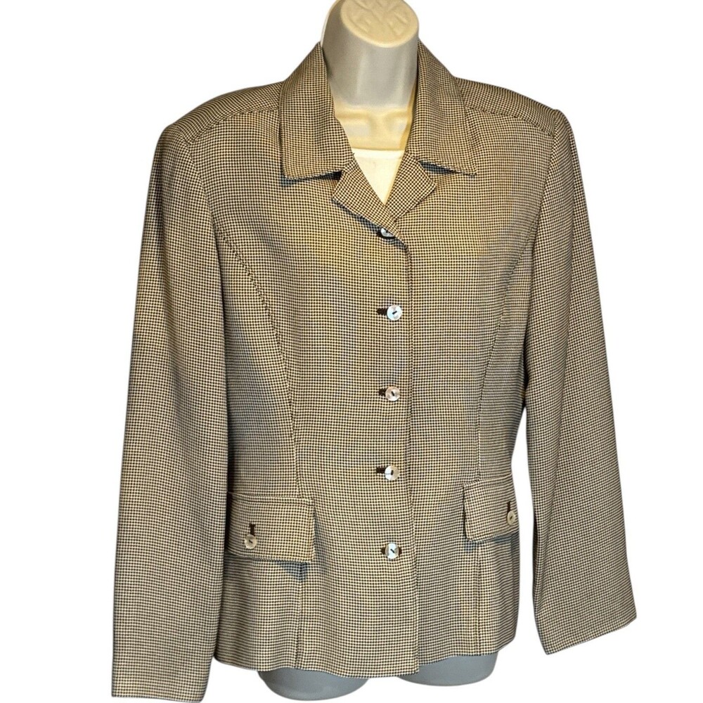 Dana Buchman Women's Blazer/Jacket Brown Cream‎ Houndstooth Blazer EUC Size 8